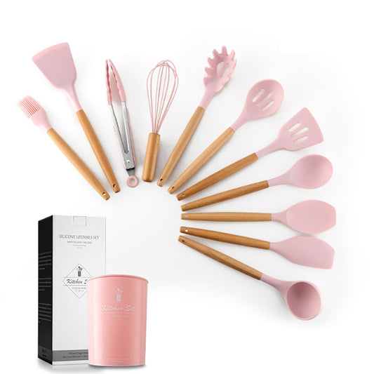 Set of 12 Silicone Utensils Set Wooden Cooking Kitchen Baking Cookware BPA Free