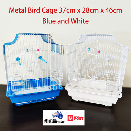 Bird Cage Small Medium Metal Frame Square Roof White Blue 37cm x 28cm x 46cm