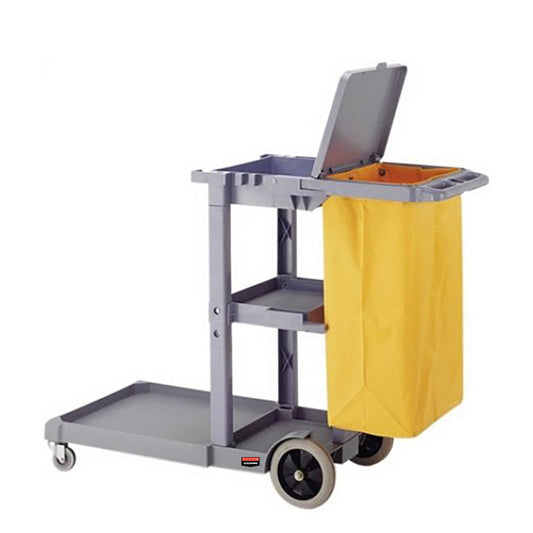 Janitor Trolley Cleaning Cart Cleaner Utility Grey Tray 3 Shelf Wheels Bag Lid