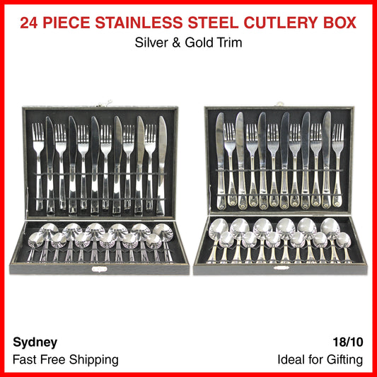 24 Piece Cutlery Box Stainless Steel 18/10 Set Boxes Gift Housewarming Silver