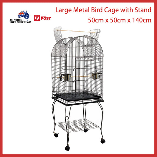 Bird Cage Large Medium Metal Frame Stand Wheels Arched Roof White 50x50x140cm
