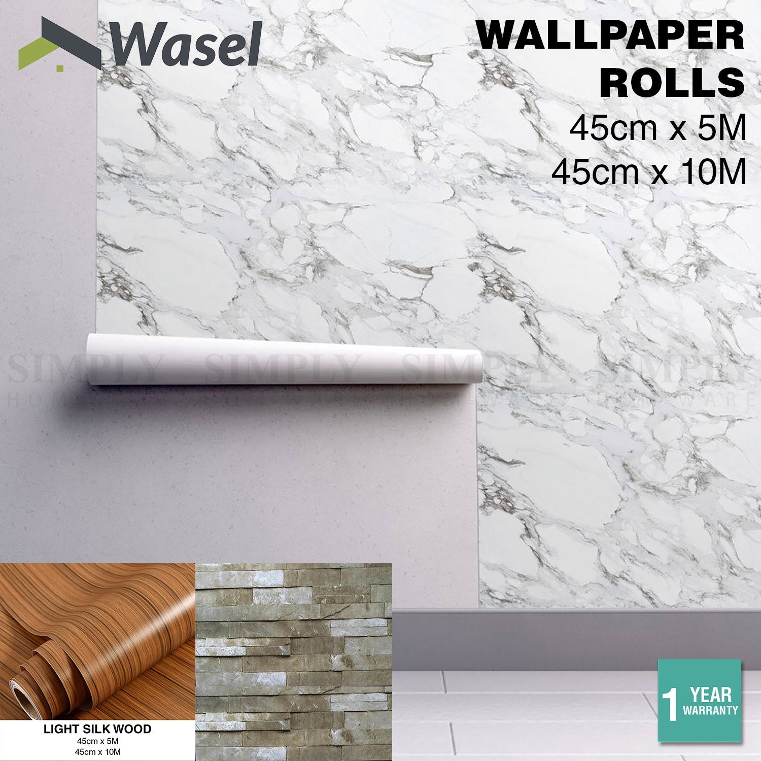 Wall Paper Rolls Marble Wood Brick Adhesive Home Wallpaper Decal Brown Stone - Simply Homeware