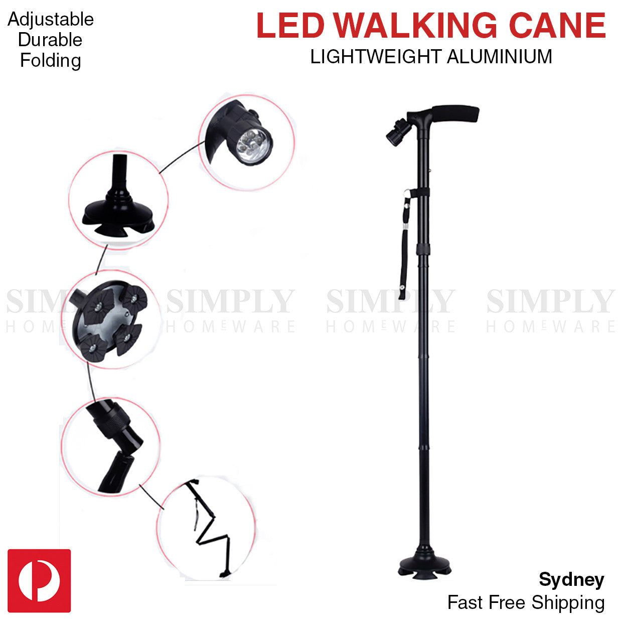 Walking Stick Cane Folding With Light LED Strap Handle Black Metal Adjustable - Simply Homeware