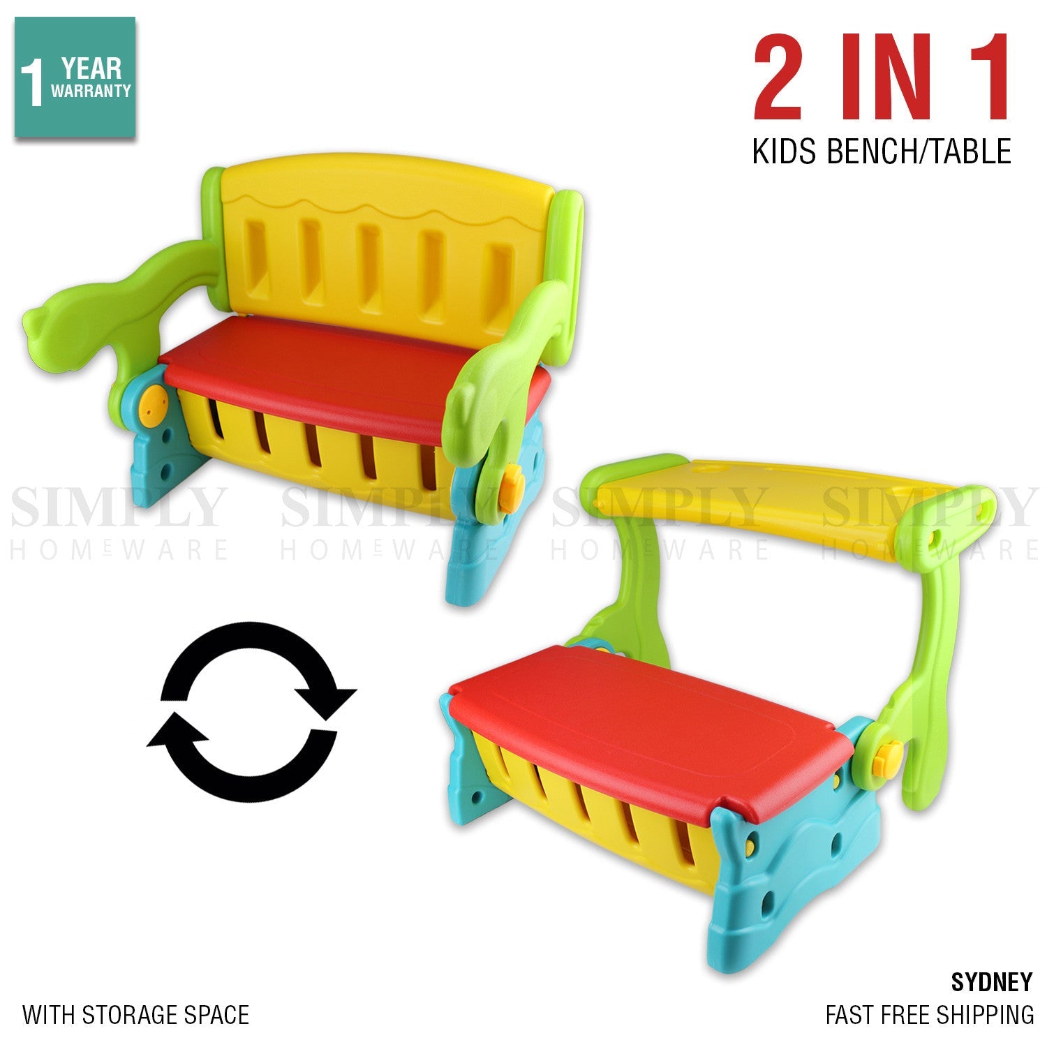 Kids Bench Table 2 In 1 Seat Chair Storage Outdoor Indoor Play Plastic Lounge - Simply Homeware